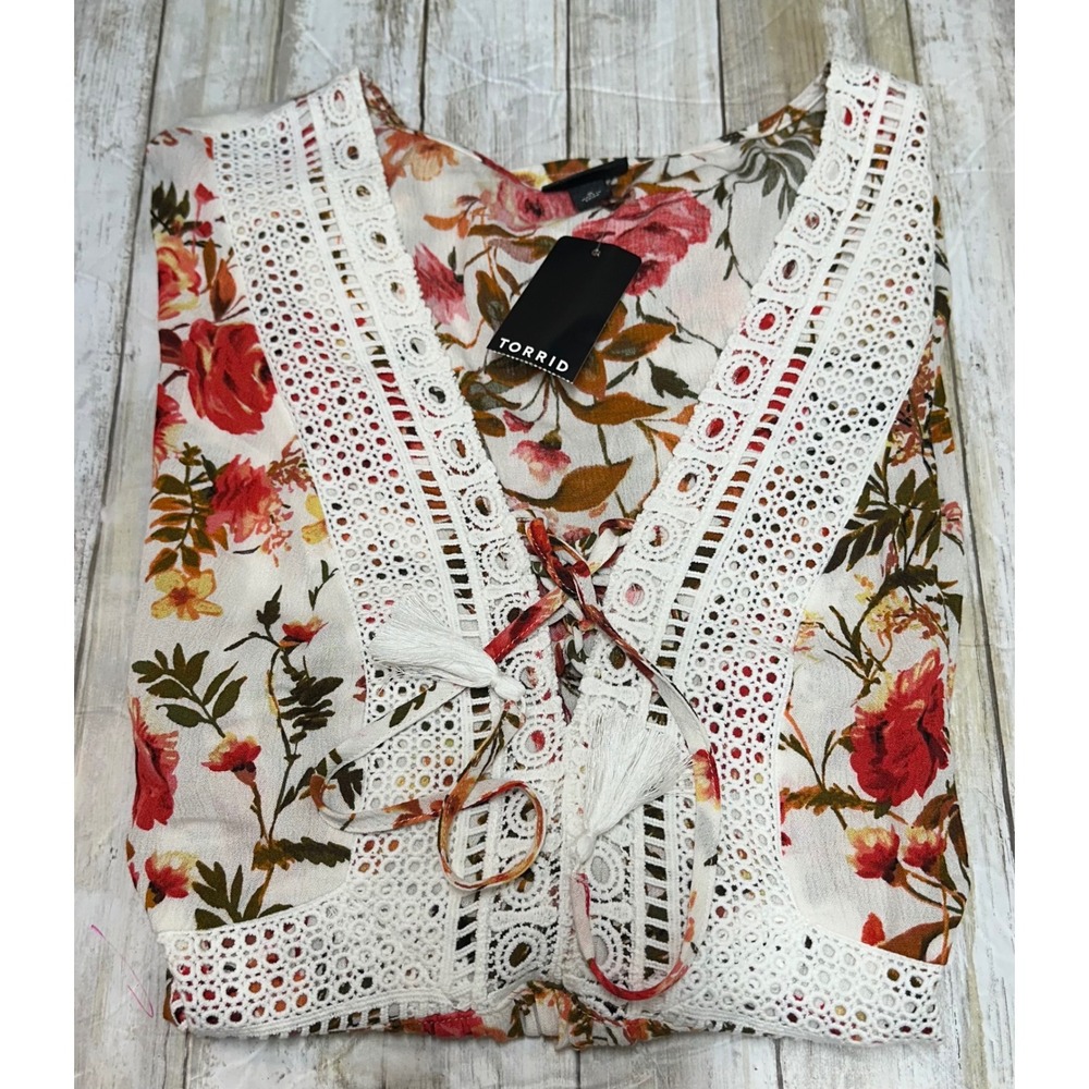 Torrid Floral‎ Crinkle Gauze Lace-Up Babydoll Top 2X 18-20 boho. Lightweight NWT